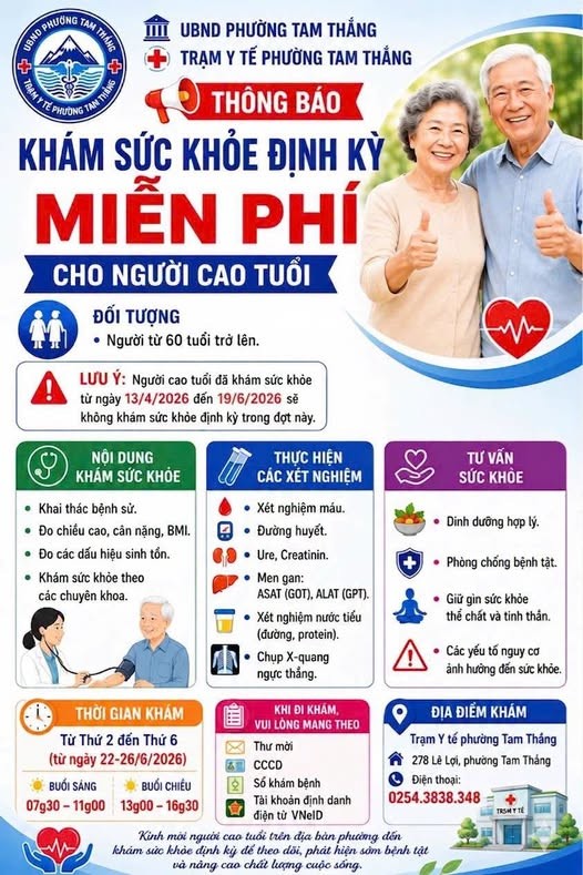 Trạm y tế phường Tam Thắng thông báo khám sức khỏe định kỳ miễn phí cho người cao tuổi