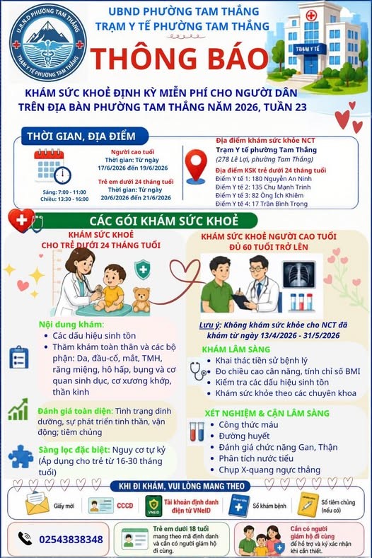 Khám sứa khỏe định kỳ miễn phí tai phường Tam Thắng năm 2026, tuần 23