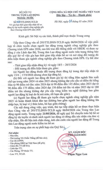 Gia hạn thời gian tiếp nhận hồ sơ đăng ký tuyển chọn lao động làm việc tại Hàn Quốc