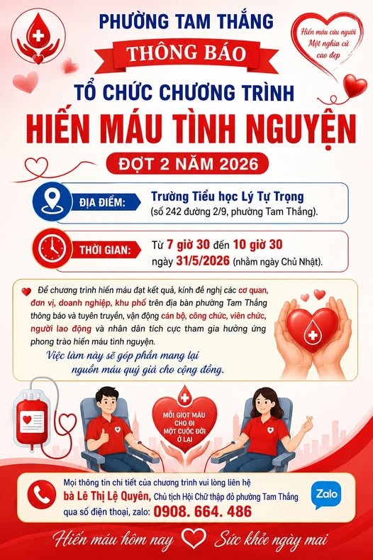 Phường Tam Thắng thông báo tổ chức chương trình hiến máu tình nguyện đợt 2 năm 2026