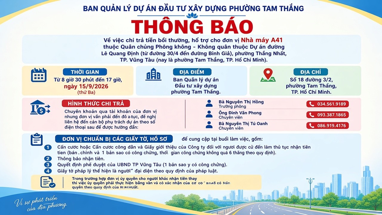 BAN QUẢN LÝ DỰ ÁN ĐẦU TƯ XÂY DỰNG PHƯỜNG TAM THẮNG THÔNG BÁO CHI TRẢ TIỀN BỒI THƯỜNG THUỘC DỰ ÁN ĐƯỜNG LÊ QUANG ĐỊNH (PHƯỜNG TAM THẮNG, TP. HỒ CHÍ MINH).