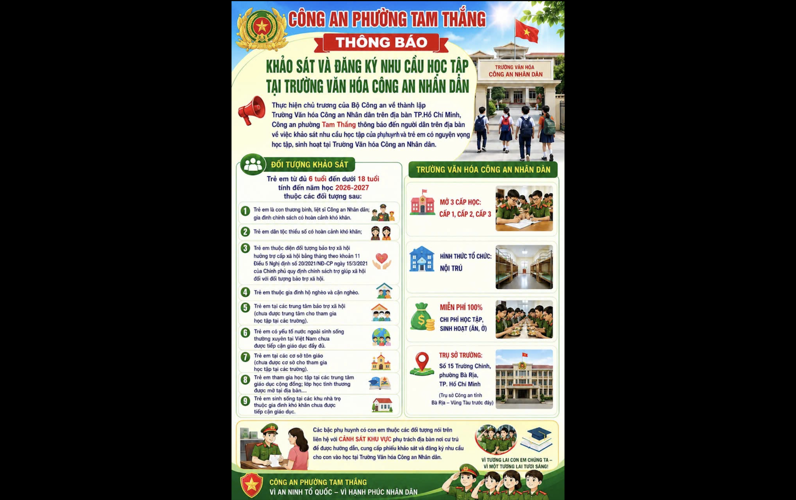 Công an phường Tam Thắng thông báo khảo sát và đăng ký nhu cầu học tập tại Trường Văn hóa Công an nhân dân