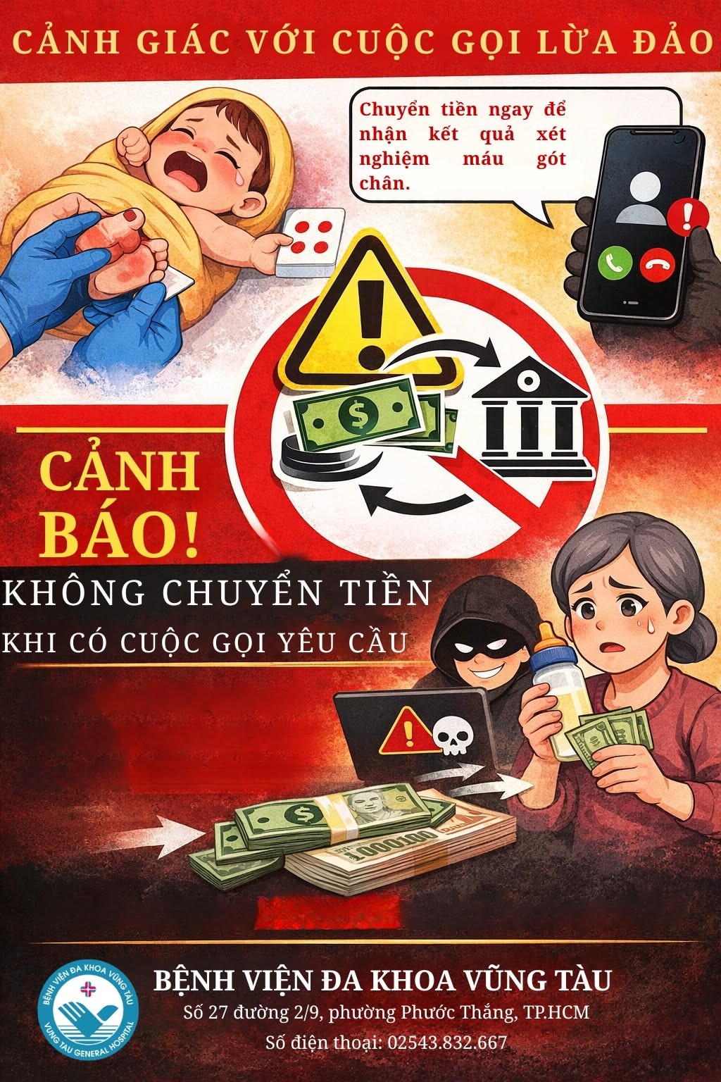 Bệnh viện đa khoa Vũng Tàu cảnh báo hành vi lừa đảo chuyển khoản nhận kết quả xét nghiệm máu gót chân